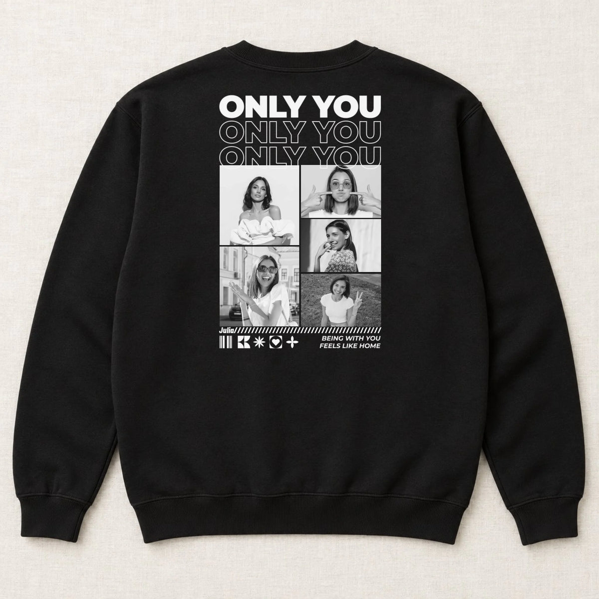 Only You Sweatshirt personalisiert mit Paarfotos und Namen – Rückansicht liegend, Schwarz