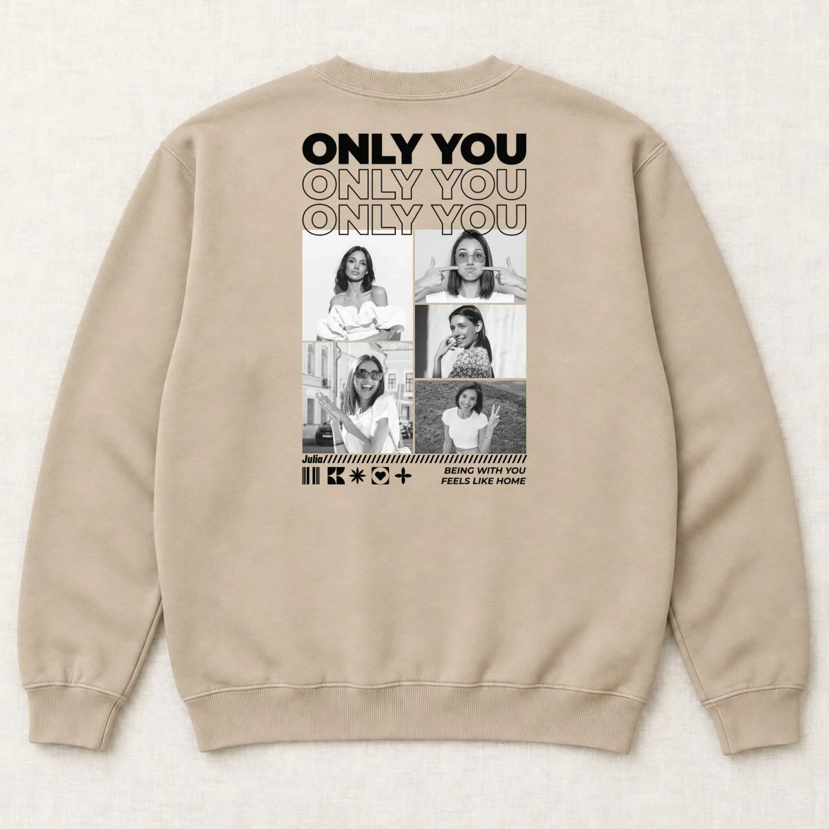 Only You Sweatshirt personalisiert mit Paarfotos und Namen – Rückansicht liegend, Sand
