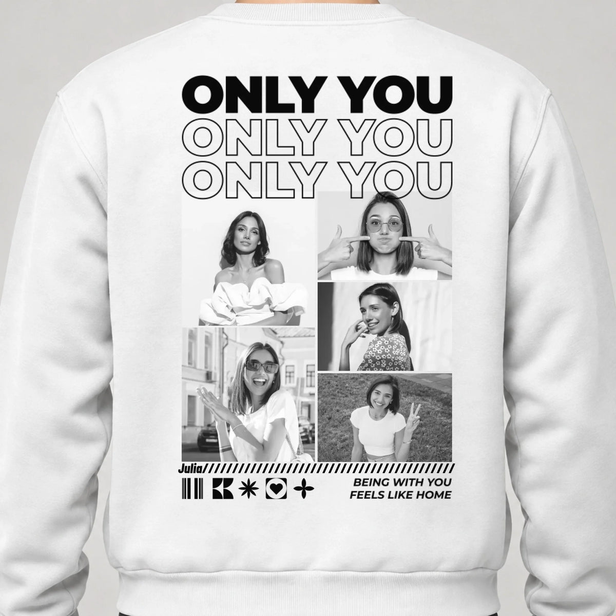 Only You Sweatshirt personalisiert mit Paarfotos und Namen – Rückendruck, Weiß, getragen