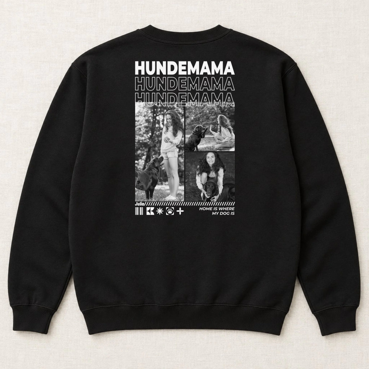 Hundemama Sweatshirt personalisiert mit Hundefotos und Namen – Rückansicht liegend, Schwarz