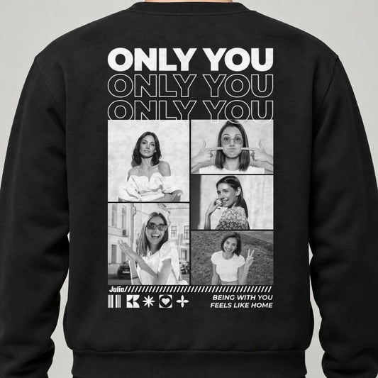 Only You Sweatshirt personalisiert mit Paarfotos und Namen – Rückendruck, Schwarz, getragen