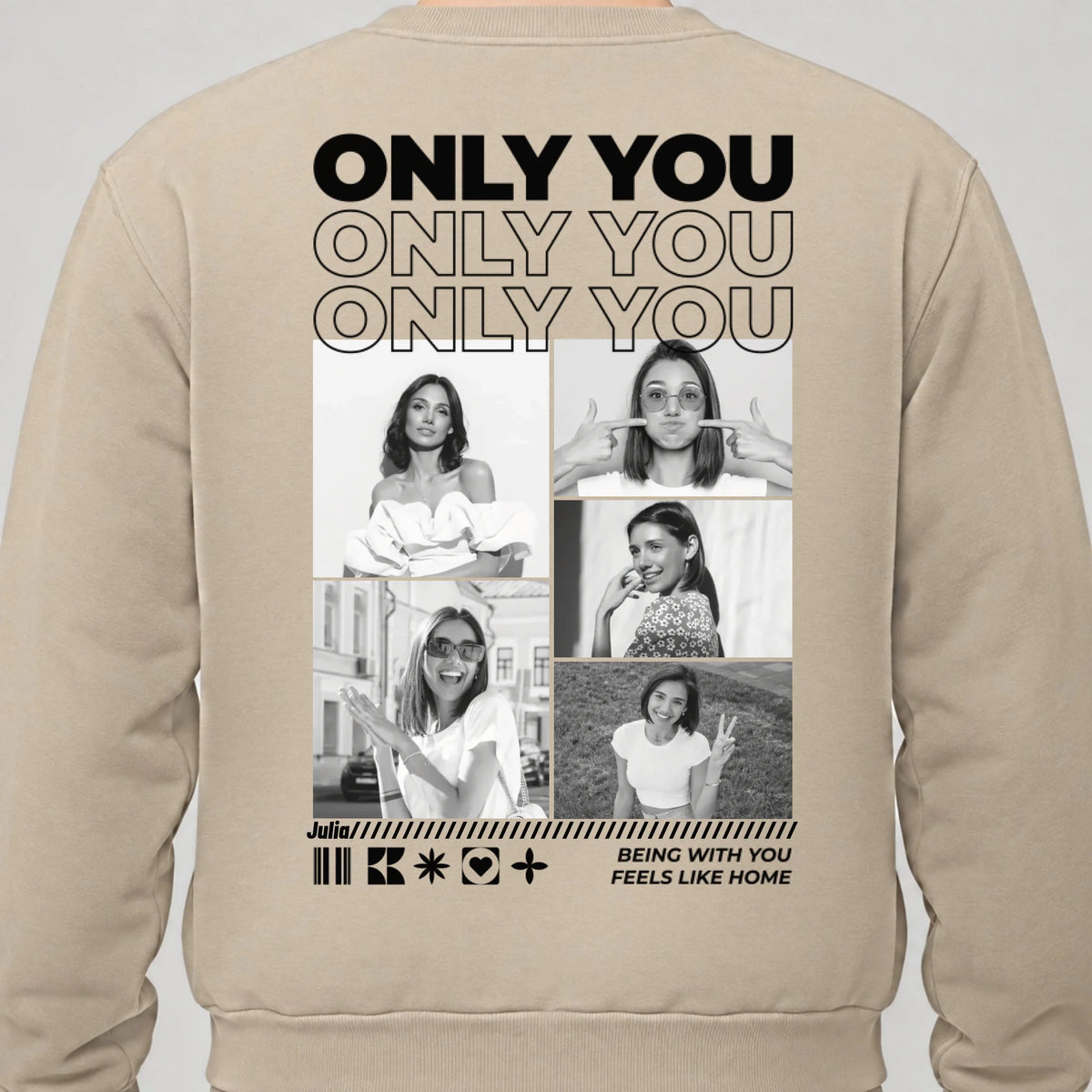 Only You Sweatshirt personalisiert mit Paarfotos und Namen – Rückendruck, Sand, getragen
