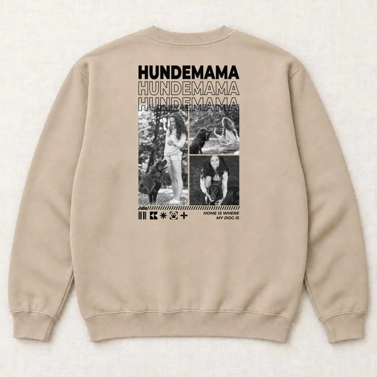 Hundemama Sweatshirt personalisiert mit Hundefotos und Namen – Rückansicht liegend, Sand