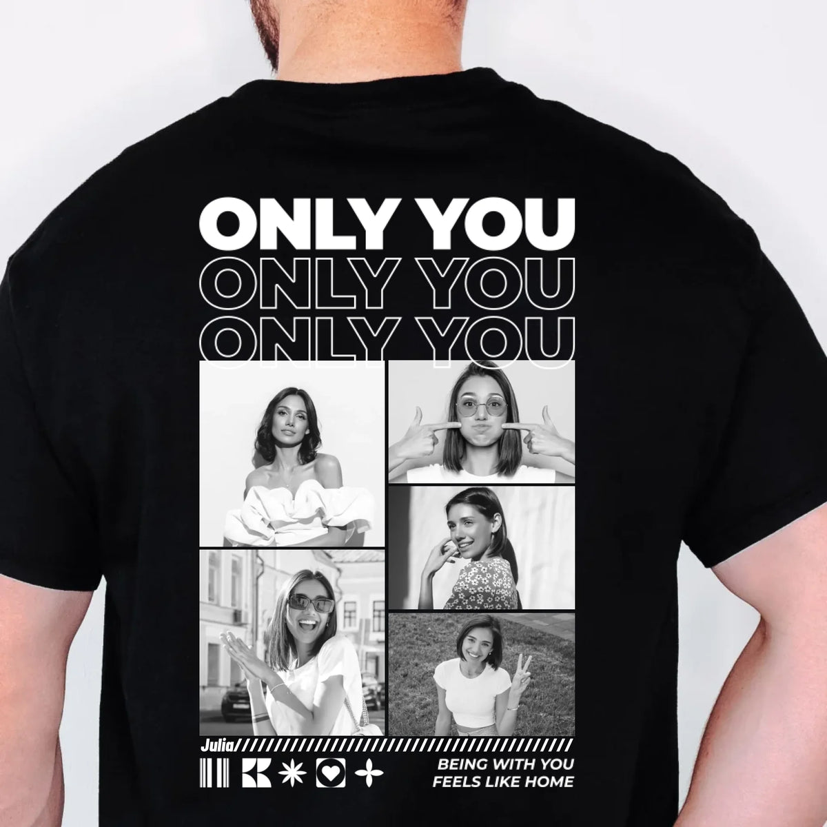Only You T-Shirt mit Fotos personalisiert – Rückendruck mit Fotocollage in Schwarz