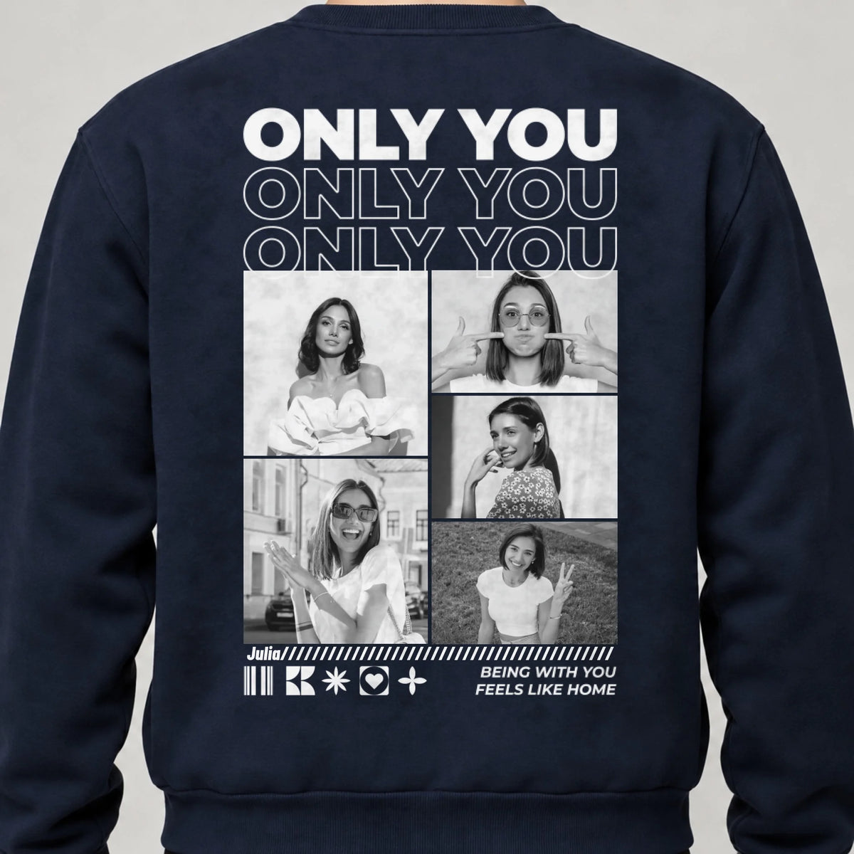 Only You Sweatshirt personalisiert mit Paarfotos und Namen – Rückendruck, Navy, getragen