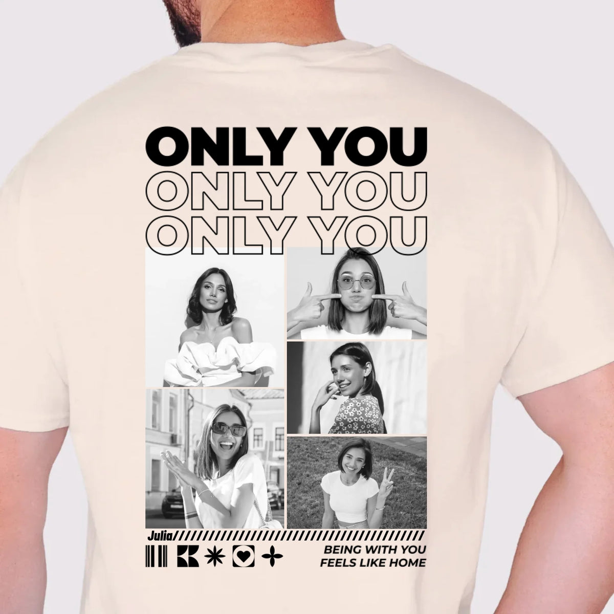 Only You T-Shirt mit eigenen Fotos – Rückendruck in Sand