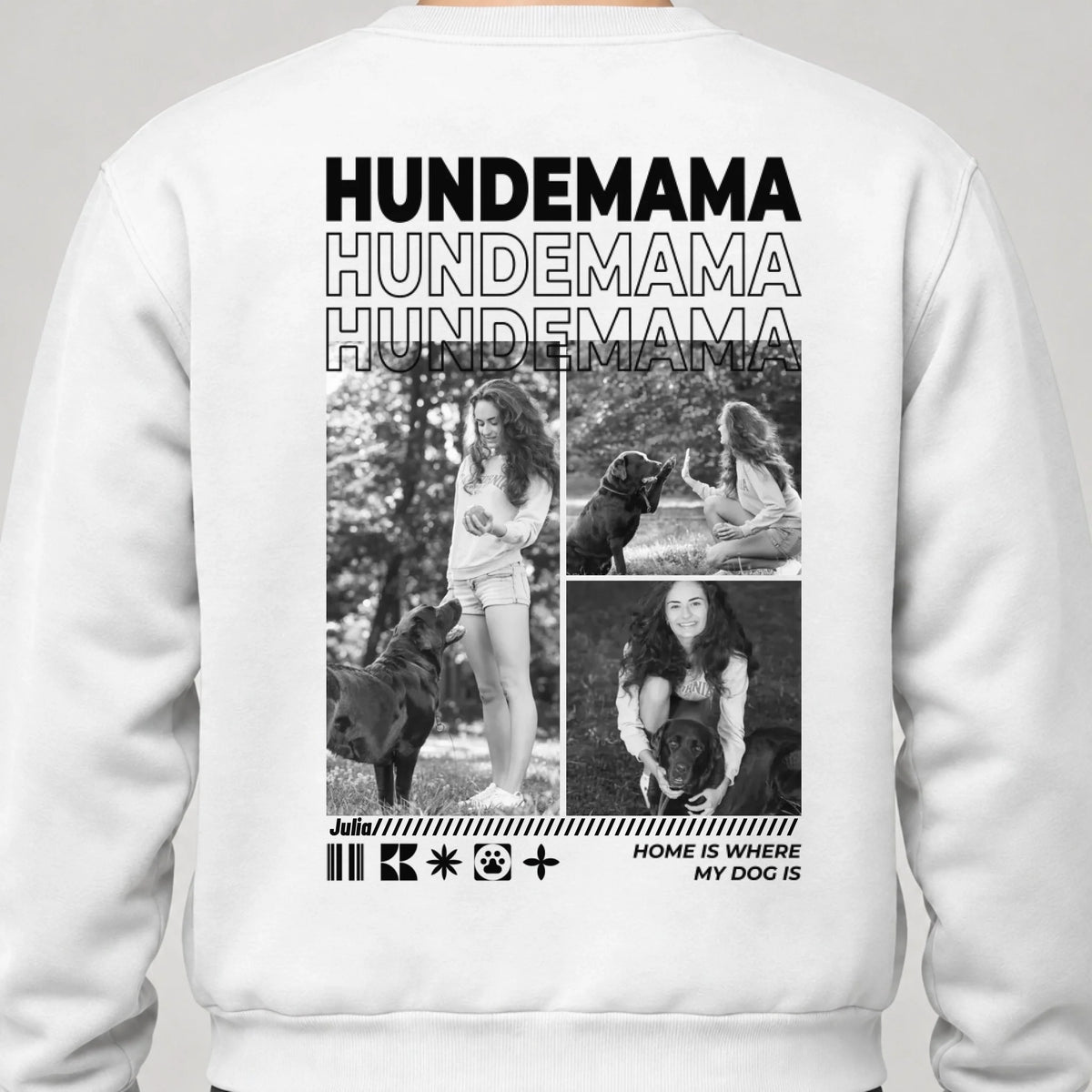 Hundemama Sweatshirt personalisiert mit Hundefotos und Namen – Rückendruck, Weiß, getragen