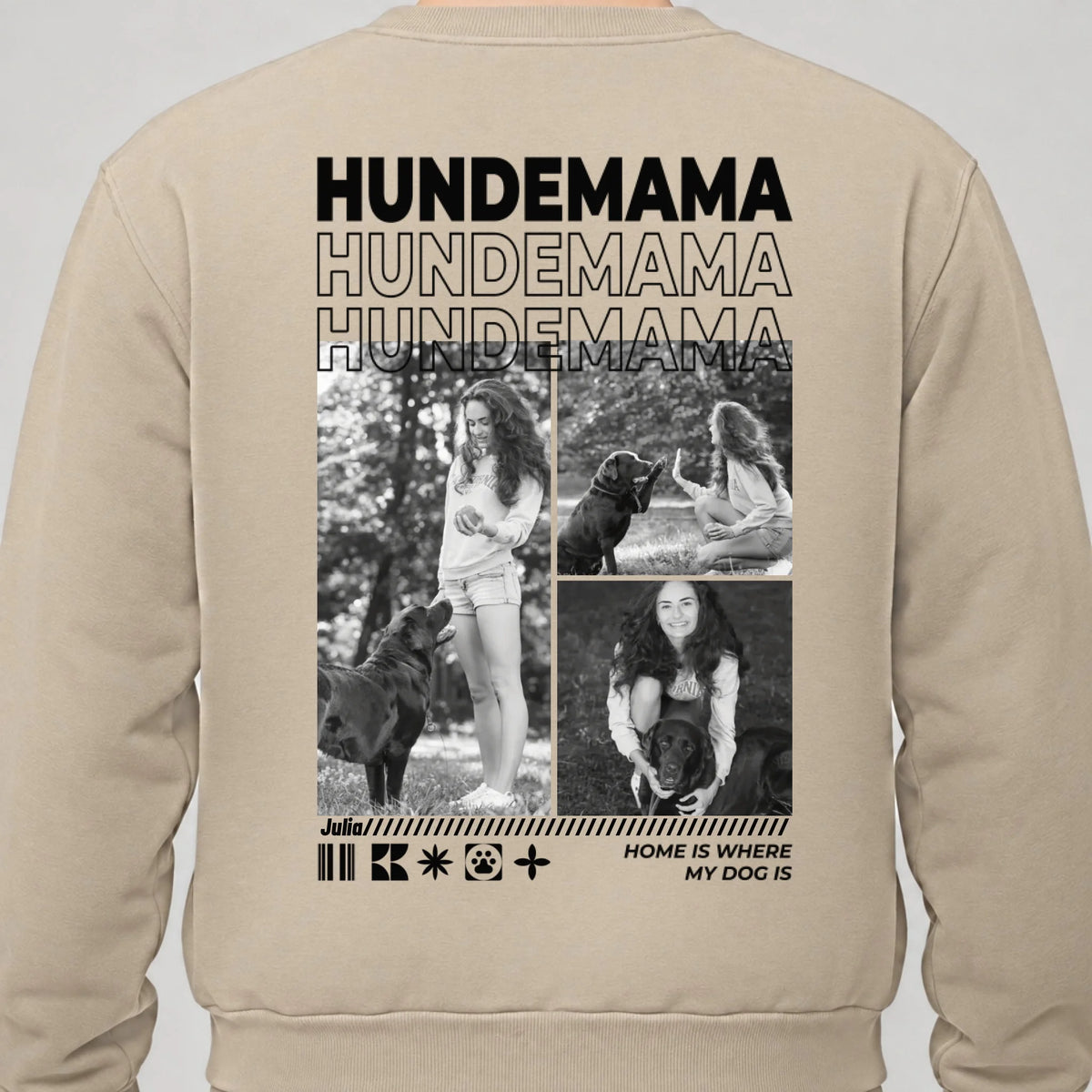 Hundemama Sweatshirt personalisiert mit Hundefotos und Namen – Rückendruck, Sand, getragen