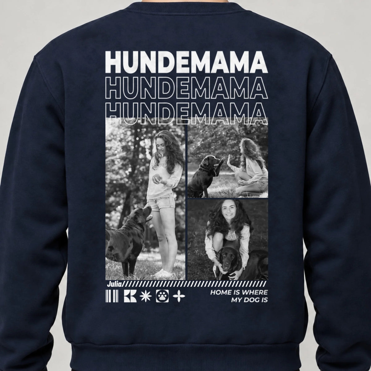 Hundemama Sweatshirt personalisiert mit Hundefotos und Namen – Rückendruck, Navy, getragen