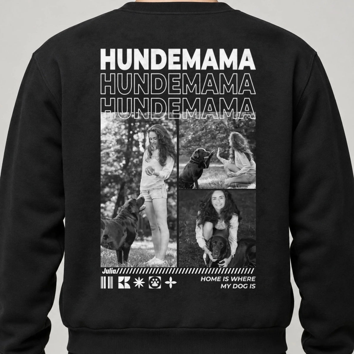 Hundemama Sweatshirt personalisiert mit Hundefotos und Namen – Rückendruck, Schwarz, getragen