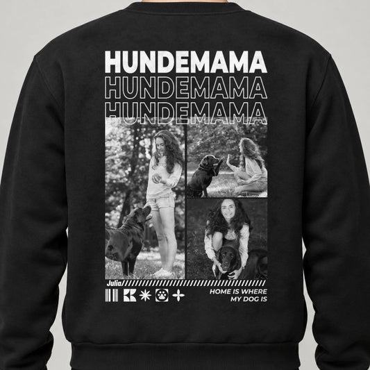 Hundemama Sweatshirt personalisiert mit Hundefotos und Namen – Rückendruck, Schwarz, getragen
