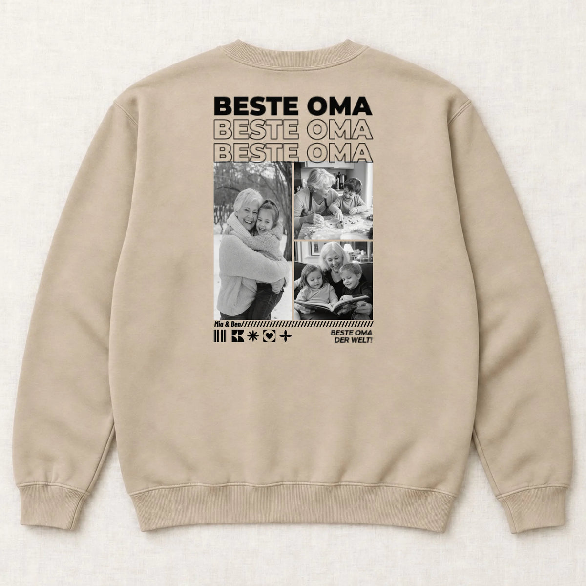 Oma Sweatshirt personalisiert mit Fotos und Namen der Enkel – Rückansicht liegend, Sand