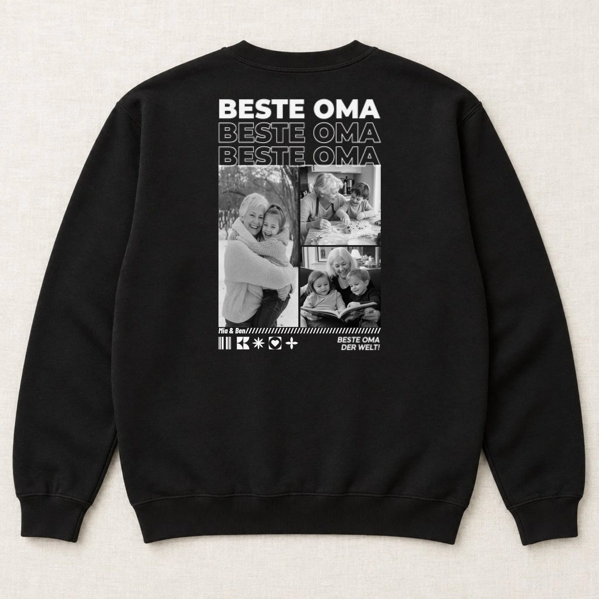 Oma Sweatshirt personalisiert mit Fotos und Namen der Enkel – Rückansicht liegend, Schwarz