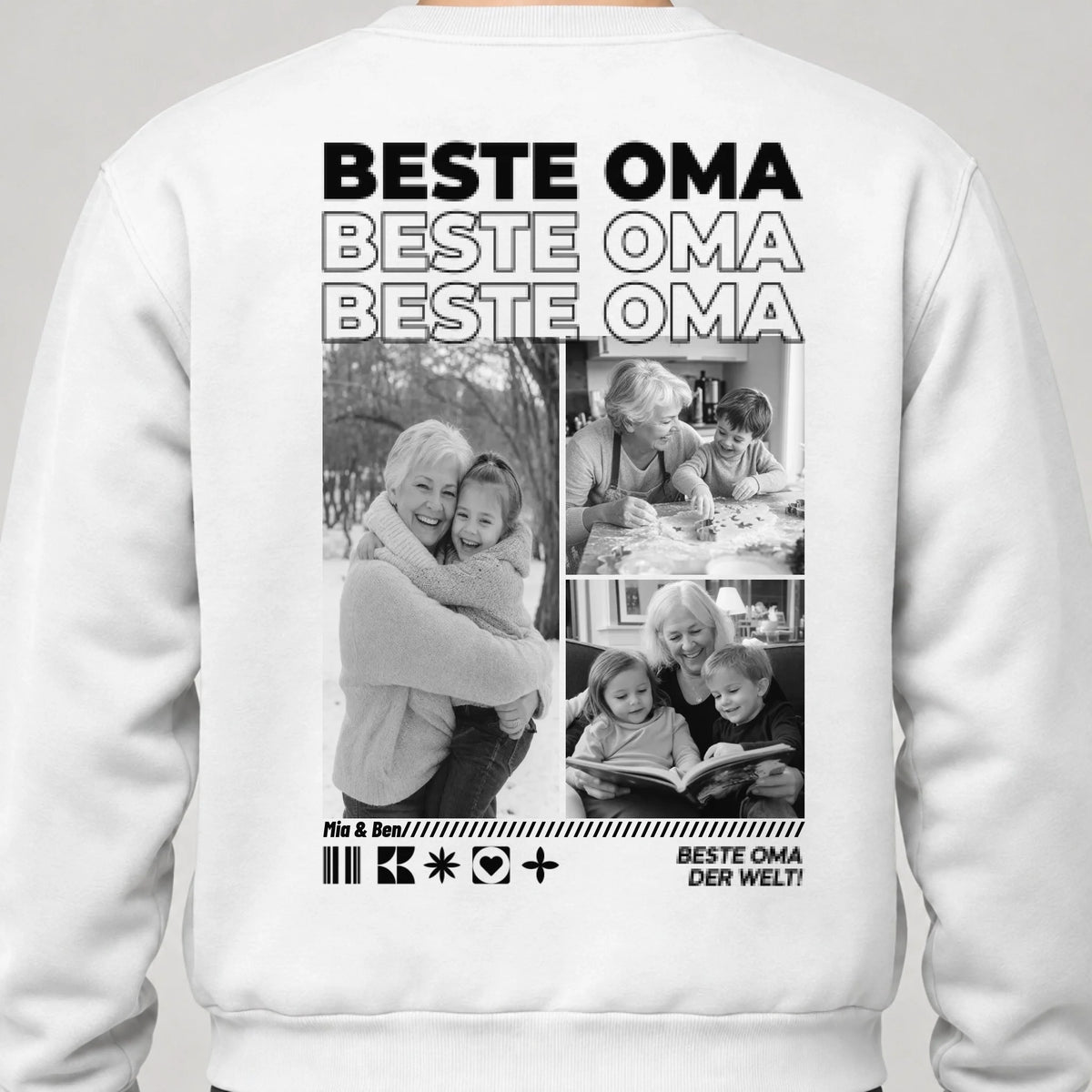Oma Sweatshirt personalisiert mit Fotos und Namen der Enkel – Rückendruck, Weiß, getragen