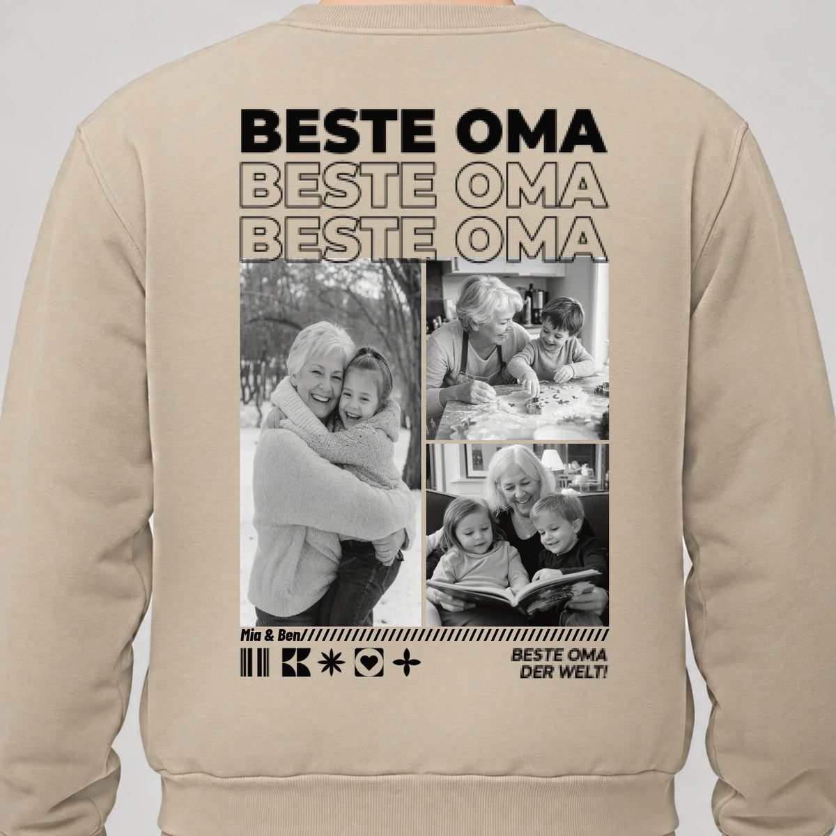 Oma Sweatshirt personalisiert mit Fotos und Namen der Enkel – Rückendruck, Sand, getragen