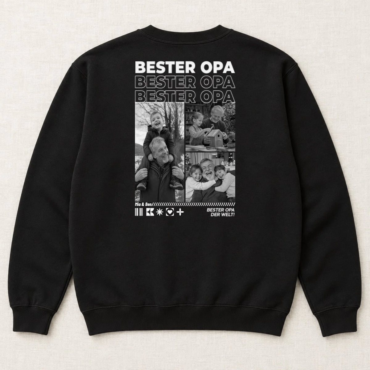 Opa Sweatshirt personalisiert mit Fotos und Namen der Enkel – Rückansicht liegend, Schwarz
