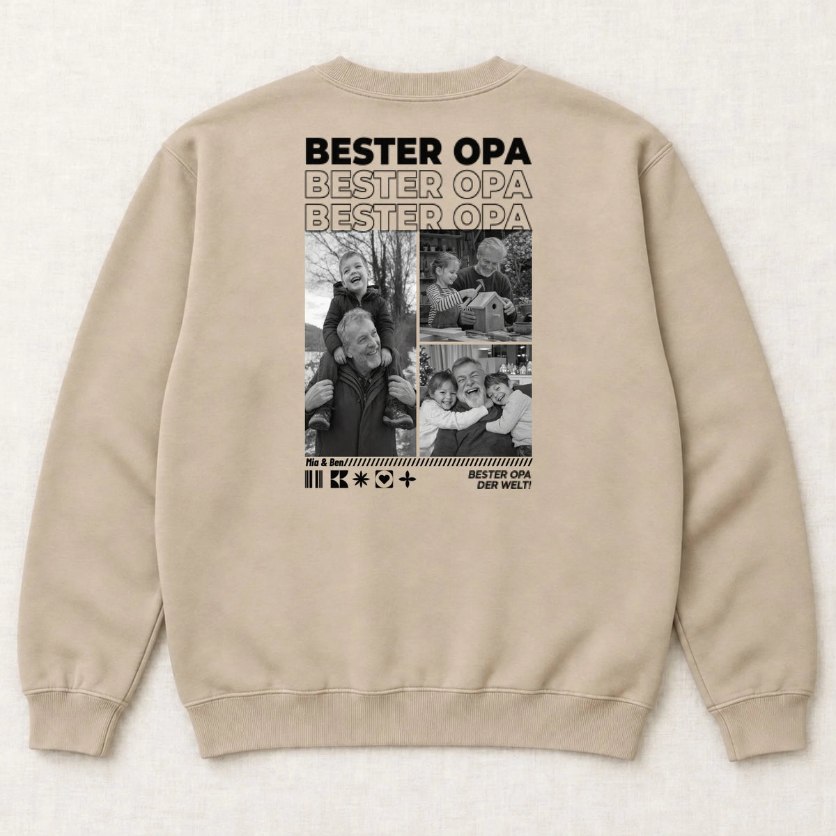 Opa Sweatshirt personalisiert mit Fotos und Namen der Enkel – Rückansicht liegend, Sand