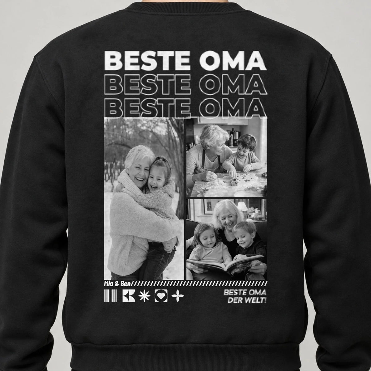 Oma Sweatshirt personalisiert mit Fotos und Namen der Enkel – Rückendruck, Schwarz, getragen