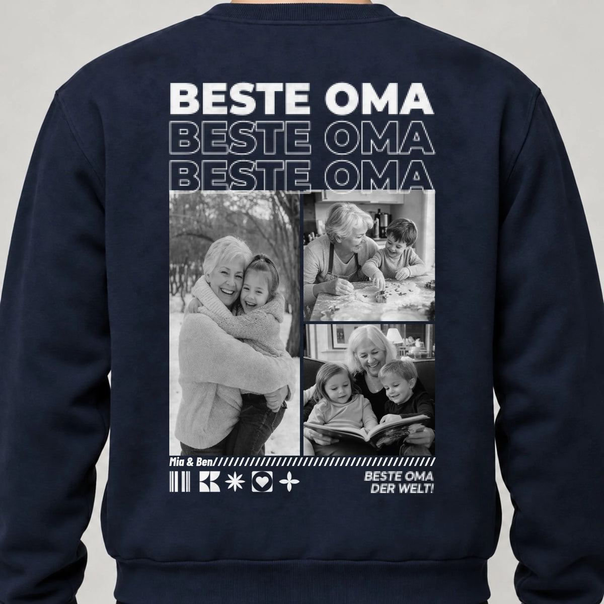 Oma Sweatshirt personalisiert mit Fotos und Namen der Enkel – Rückendruck, Navy, getragen