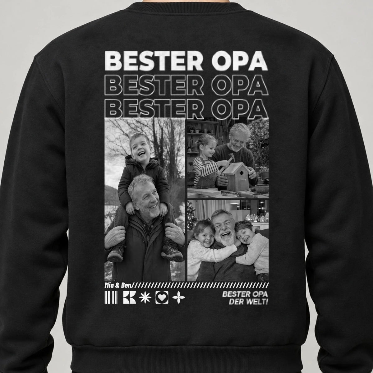Opa Sweatshirt personalisiert mit Fotos und Namen der Enkel – Rückendruck, Schwarz, getragen