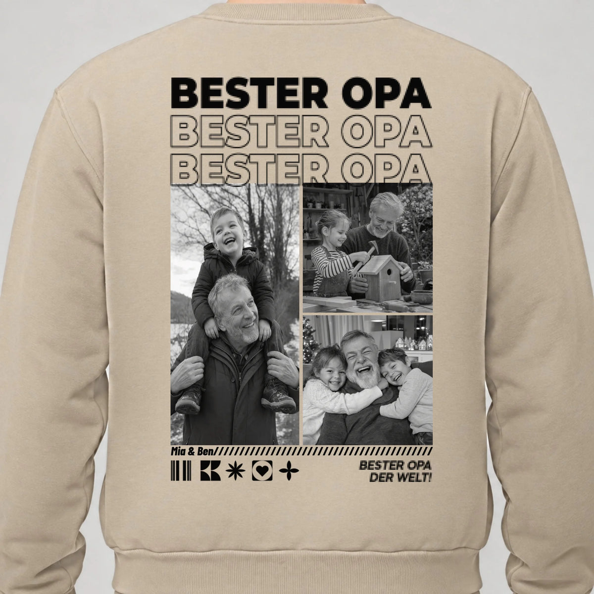 Opa Sweatshirt personalisiert mit Fotos und Namen der Enkel – Rückendruck, Sand, getragen