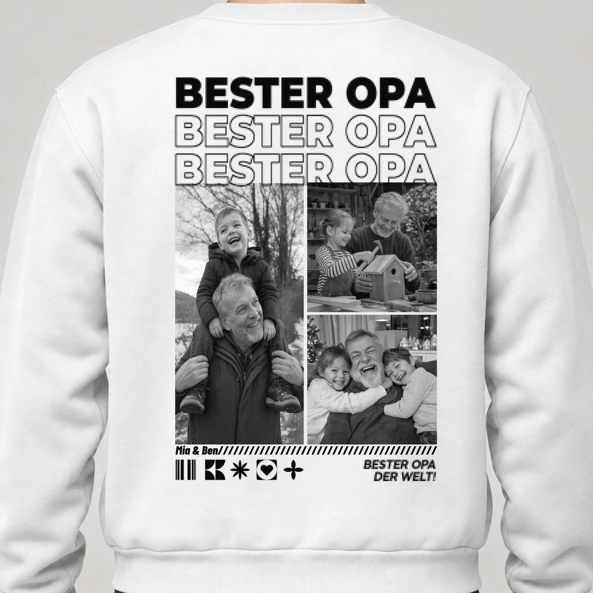 Opa Sweatshirt personalisiert mit Fotos und Namen der Enkel – Rückendruck, Weiß, getragen