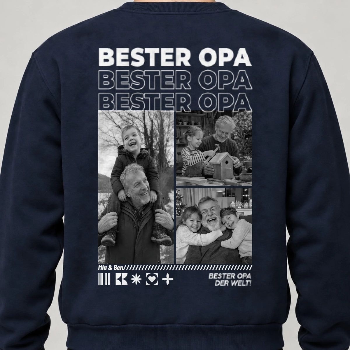 Opa Sweatshirt personalisiert mit Fotos und Namen der Enkel – Rückendruck, Navy, getragen