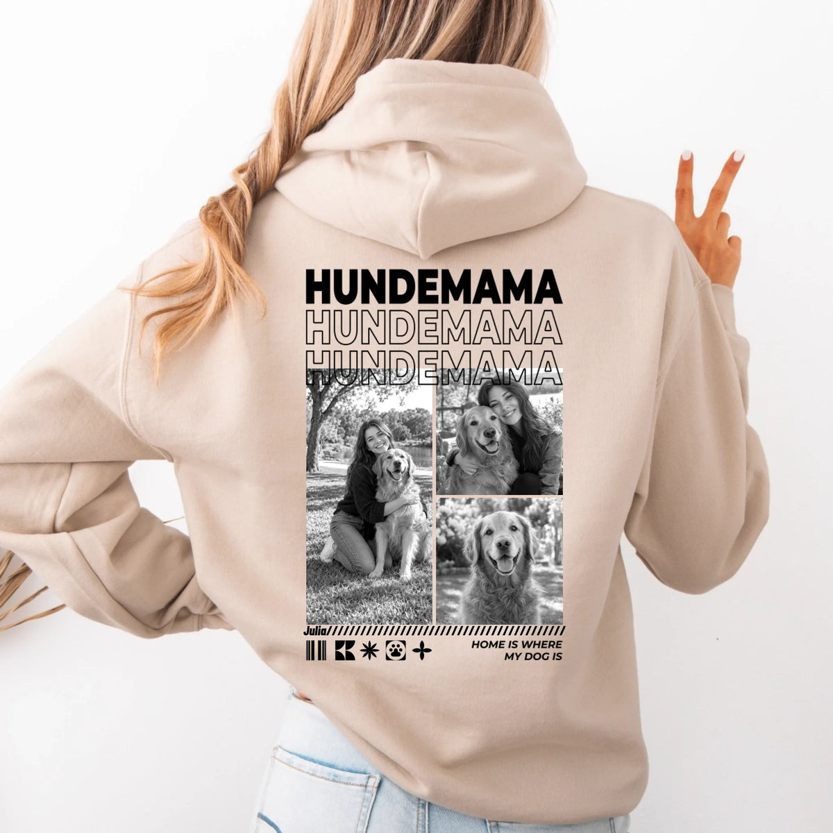 Hundemama Hoodie mit Fotos – Fotocollage auf dem Rücken in Sand