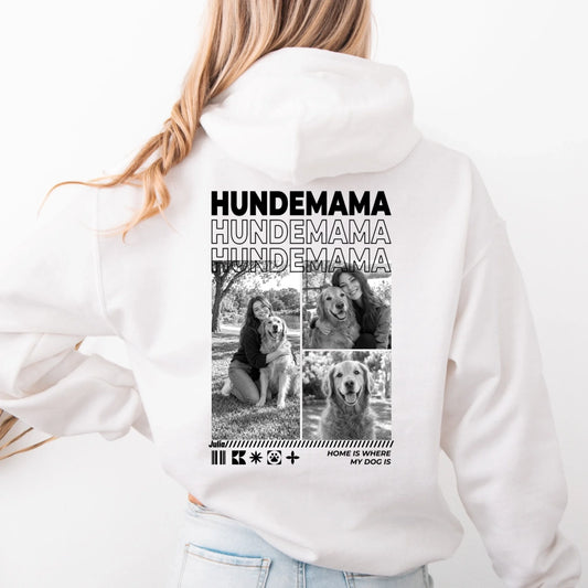 Hundemama Hoodie mit Fotos personalisiert – Rückendruck mit Hundefotos in Weiß