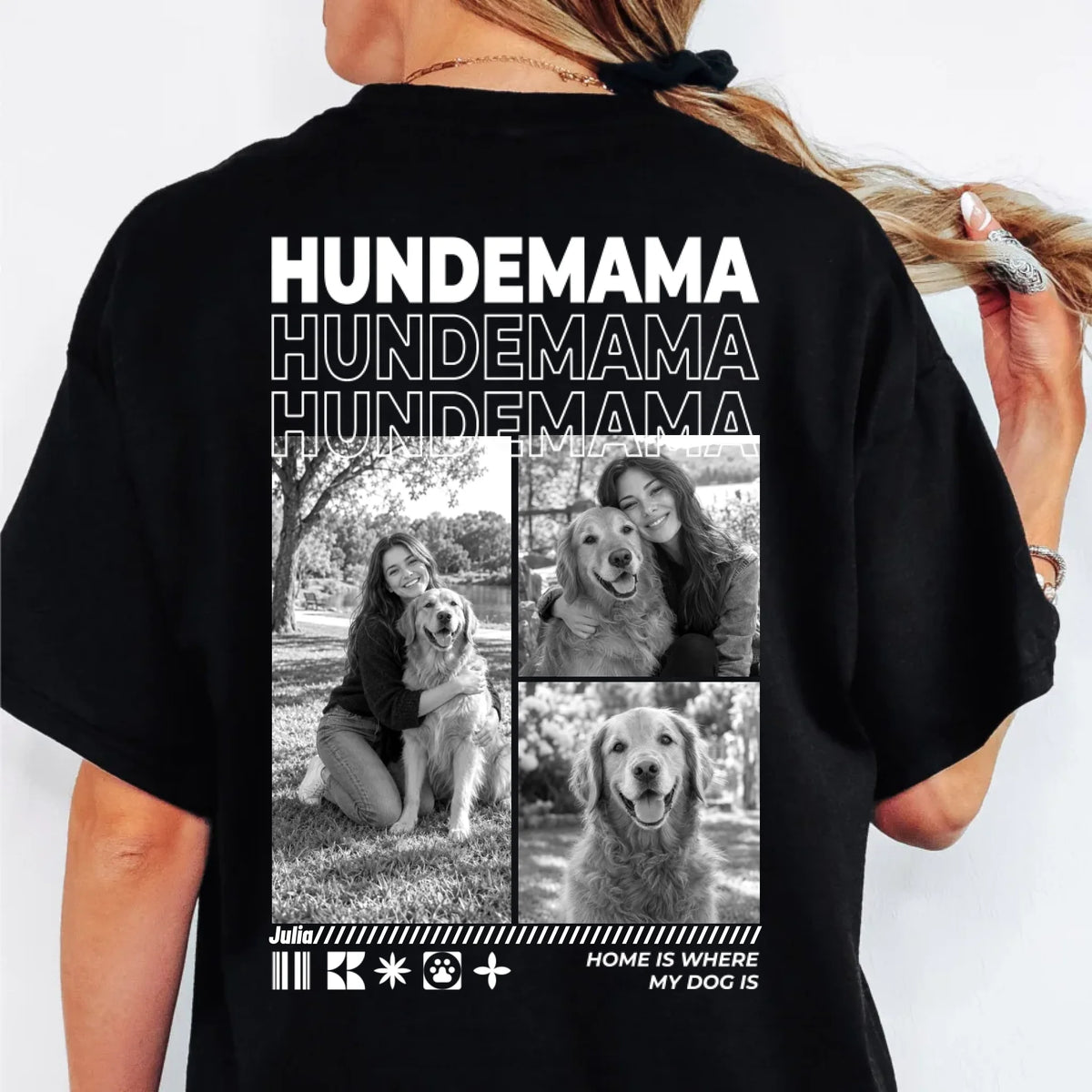 Hundemama T-Shirt mit Fotos personalisiert – Rückendruck mit Hundefotos in Schwarz