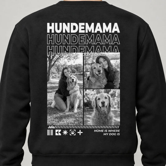 Hundemama Sweatshirt personalisiert mit Hundefotos und Namen – Rückendruck, Schwarz, getragen