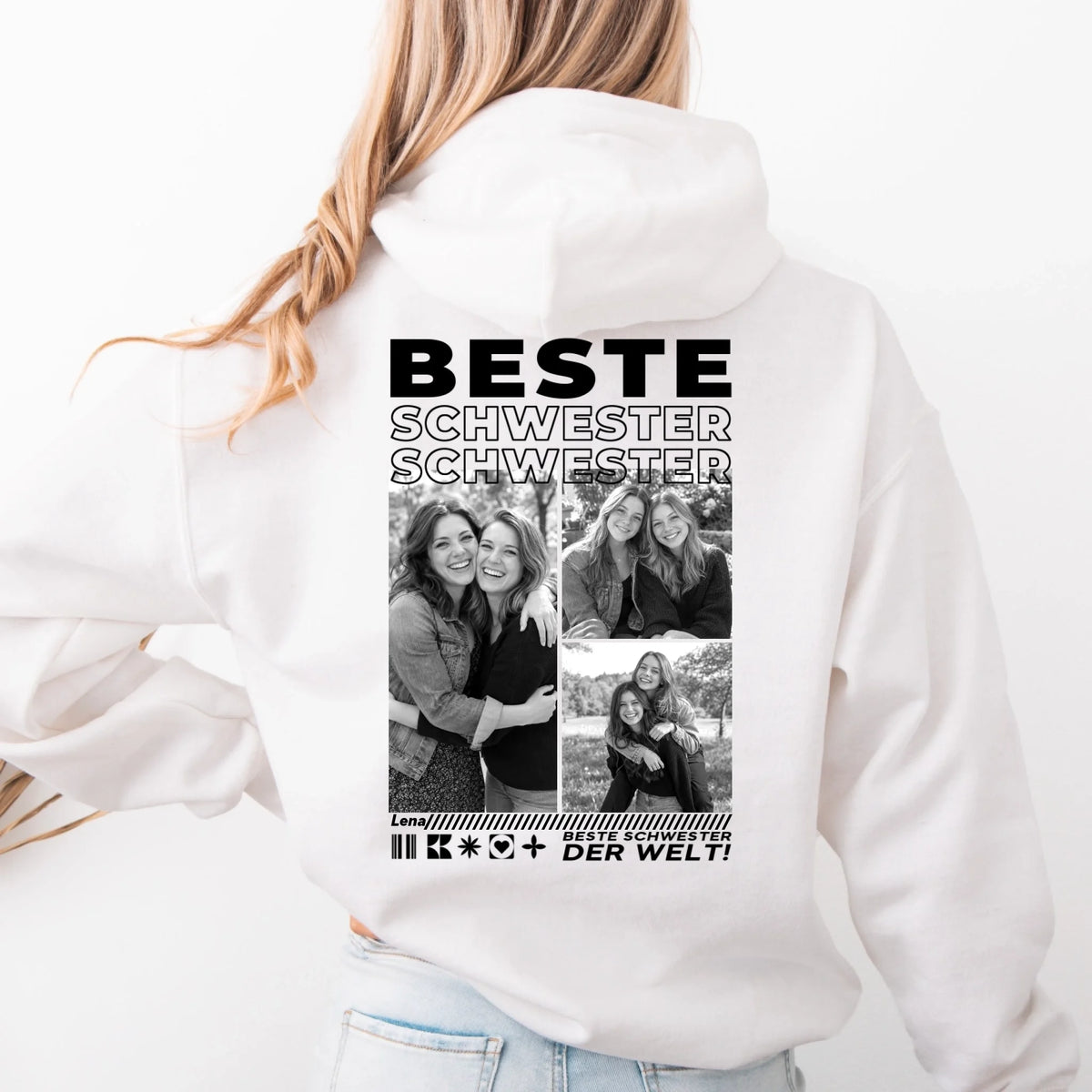 Beste Schwester Hoodie mit Fotos – Rückendruck, Weiß