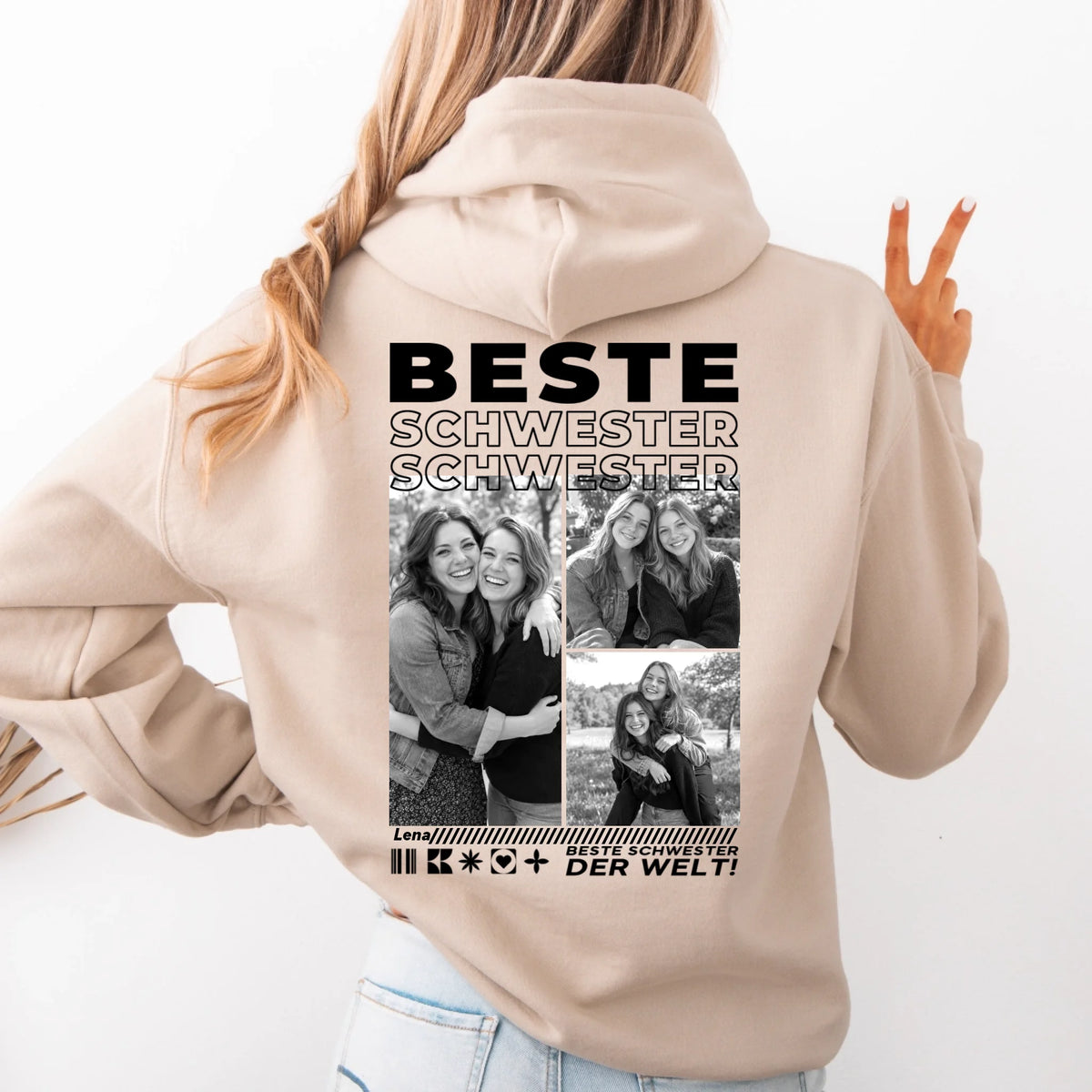 Beste Schwester Hoodie mit Fotos – Rückendruck, Sand