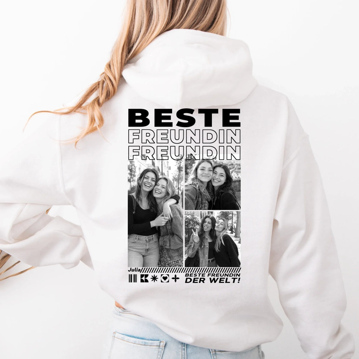 Beste Freundin Hoodie mit Fotos – Rückendruck, Weiß