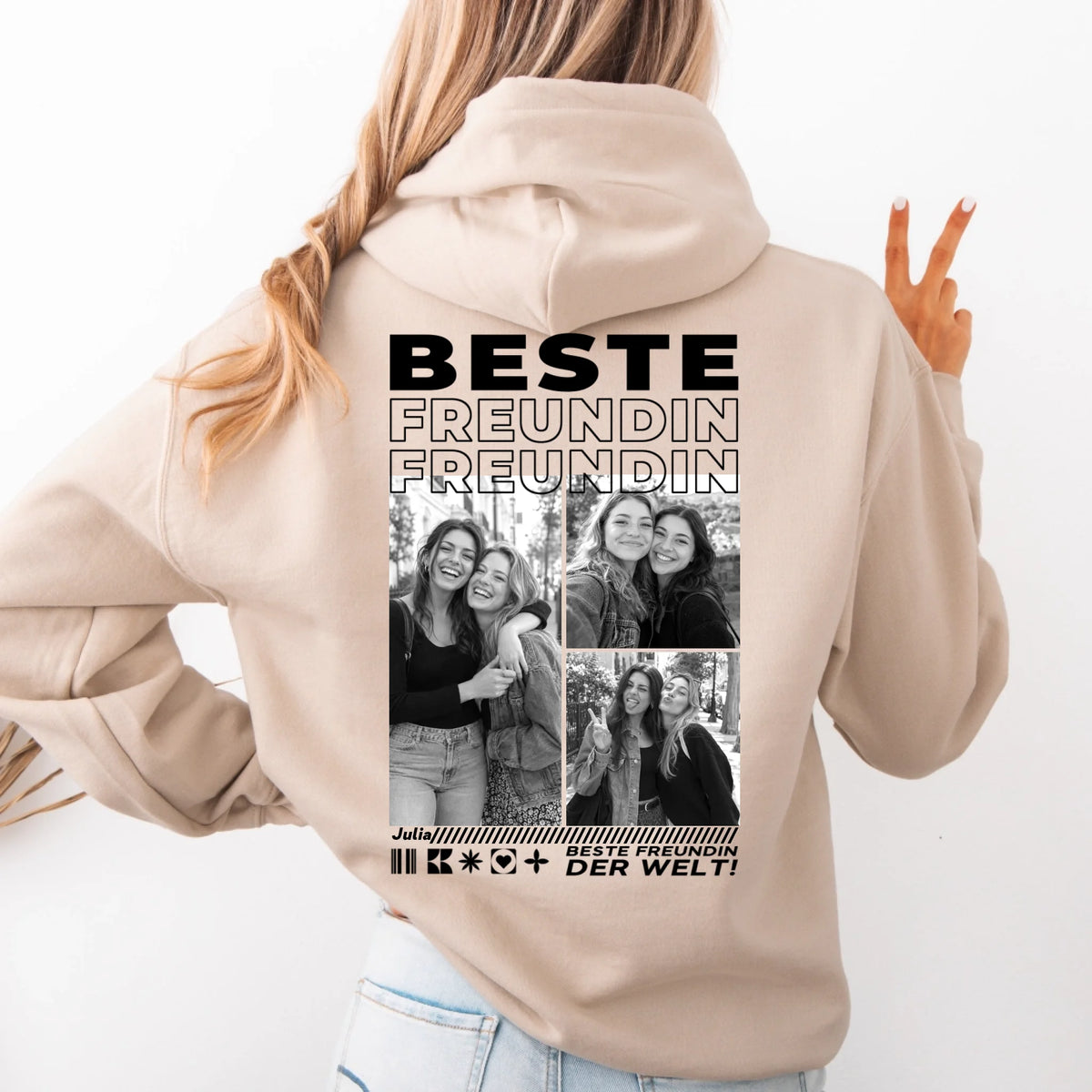 Beste Freundin Hoodie mit Fotos – Rückendruck, Sand