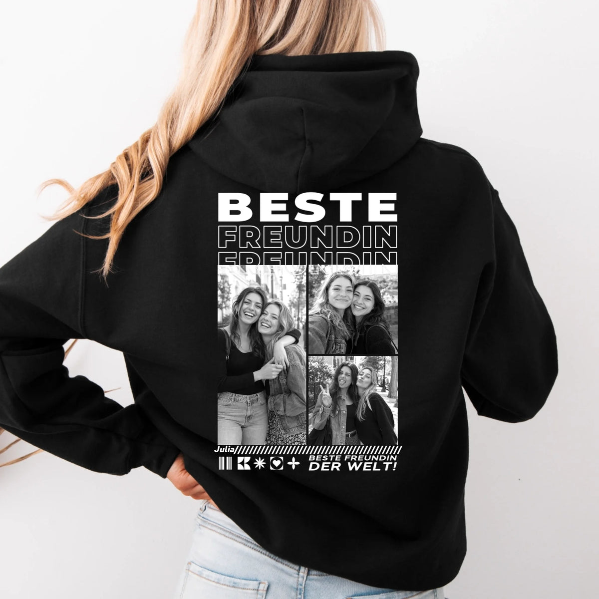 Beste Freundin Hoodie mit Fotos personalisiert – Rückendruck mit Foto-Collage, Name und Spruch, Schwarz