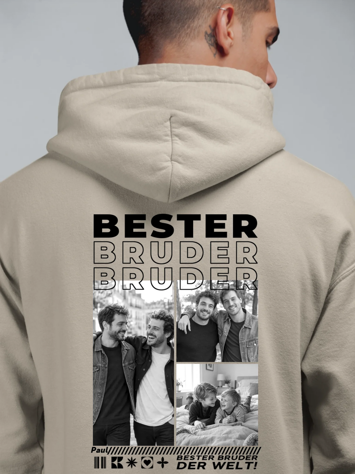 Bester Bruder Hoodie mit Fotos – Rückendruck, Sand
