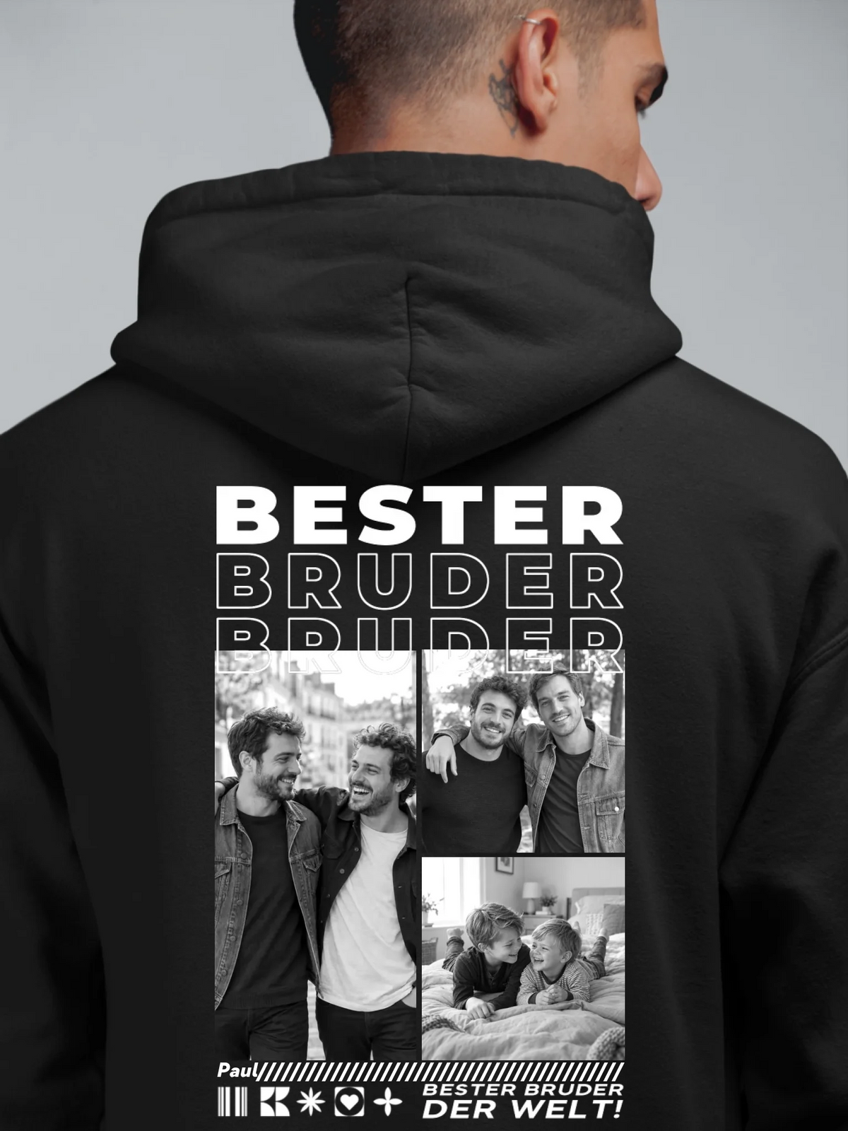 Bester Bruder Hoodie mit Fotos personalisiert – Rückendruck mit Foto-Collage, Name und Spruch, Schwarz