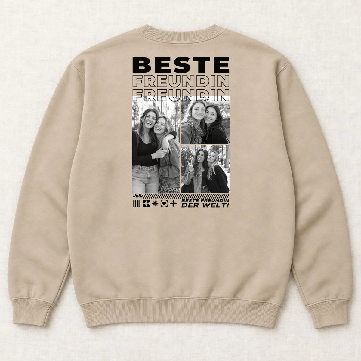 Beste Freundin Sweatshirt mit Fotos – Rückansicht liegend, Sand