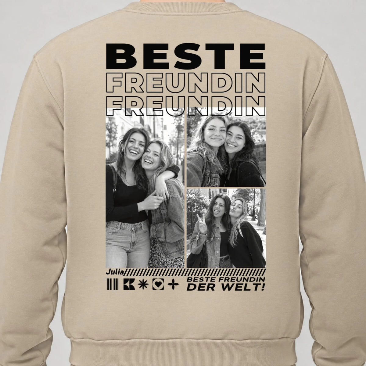 Beste Freundin Sweatshirt personalisiert – Rückendruck, Sand, getragen