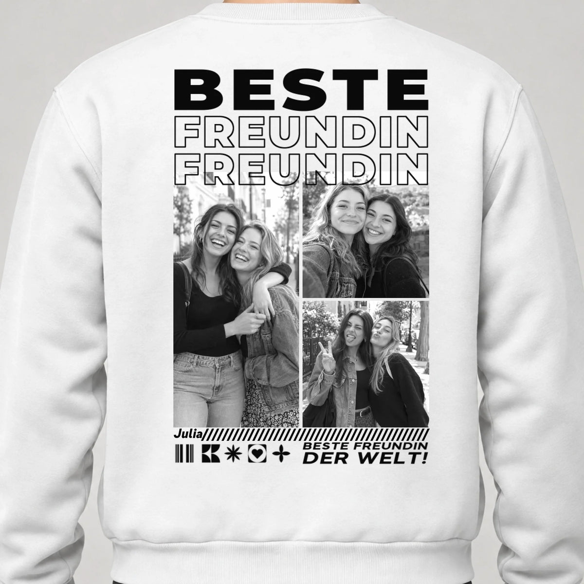 Beste Freundin Sweatshirt personalisiert – Rückendruck, Weiß, getragen