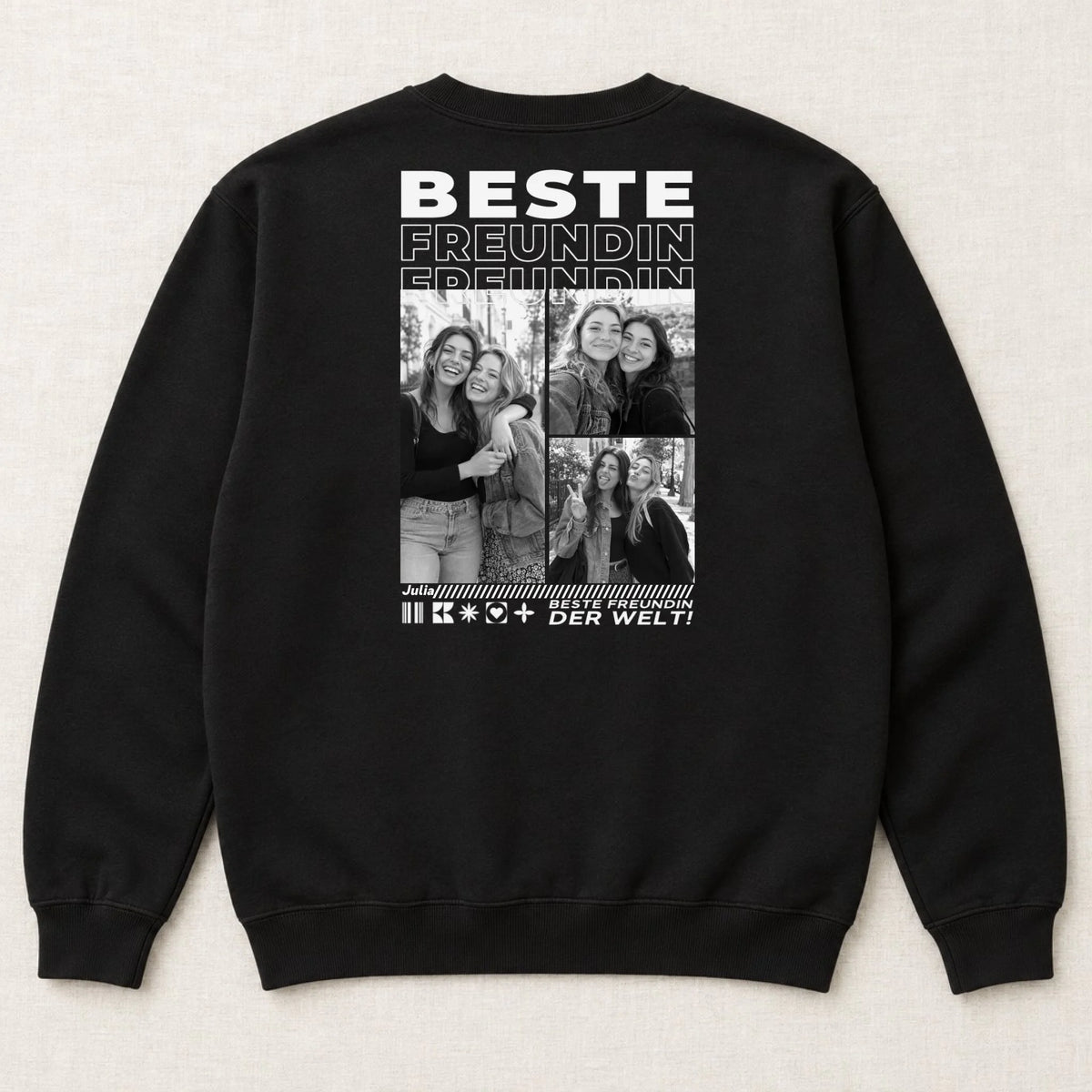 Beste Freundin Sweatshirt mit Fotos – Rückansicht liegend, Schwarz