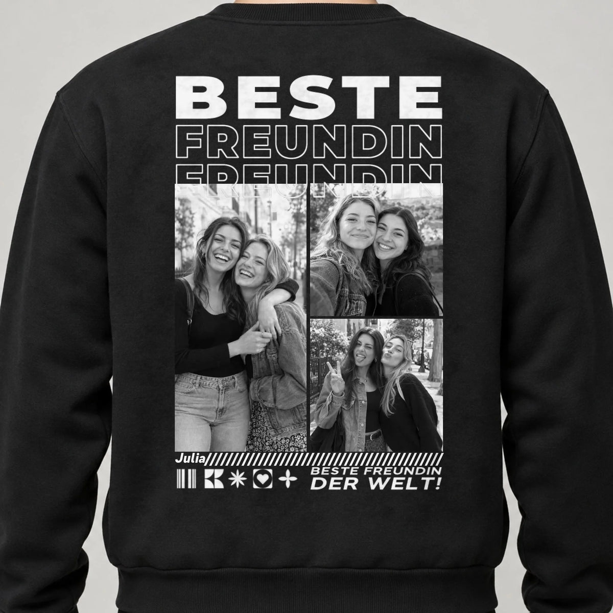 Beste Freundin Sweatshirt personalisiert mit Fotos, Namen und Spruch – Rückendruck, Schwarz, getragen
