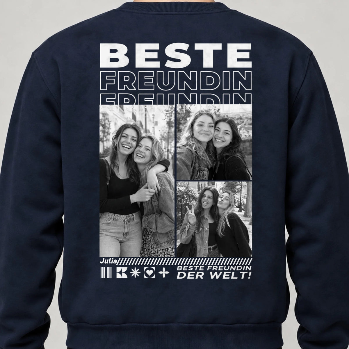 Beste Freundin Sweatshirt personalisiert – Rückendruck, Navy, getragen