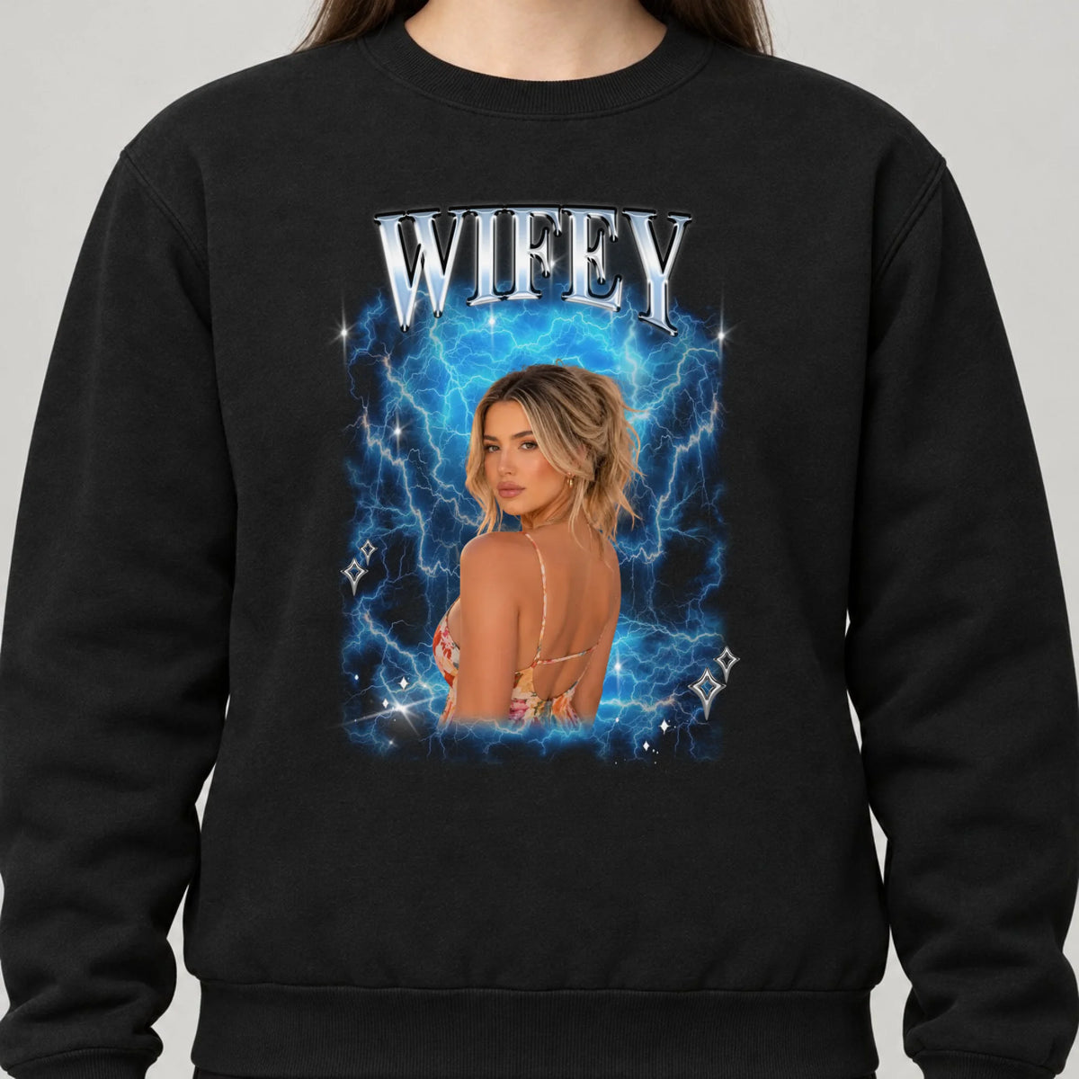 Personalisiertes Sweatshirt Vintage Bootleg mit Foto und Name – Frontdruck auf der Brust, Schwarz