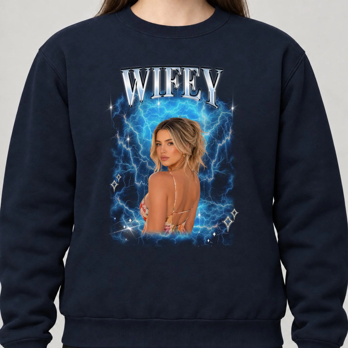 Personalisiertes Sweatshirt Vintage Bootleg mit Foto und Name – Frontdruck auf der Brust, Navy