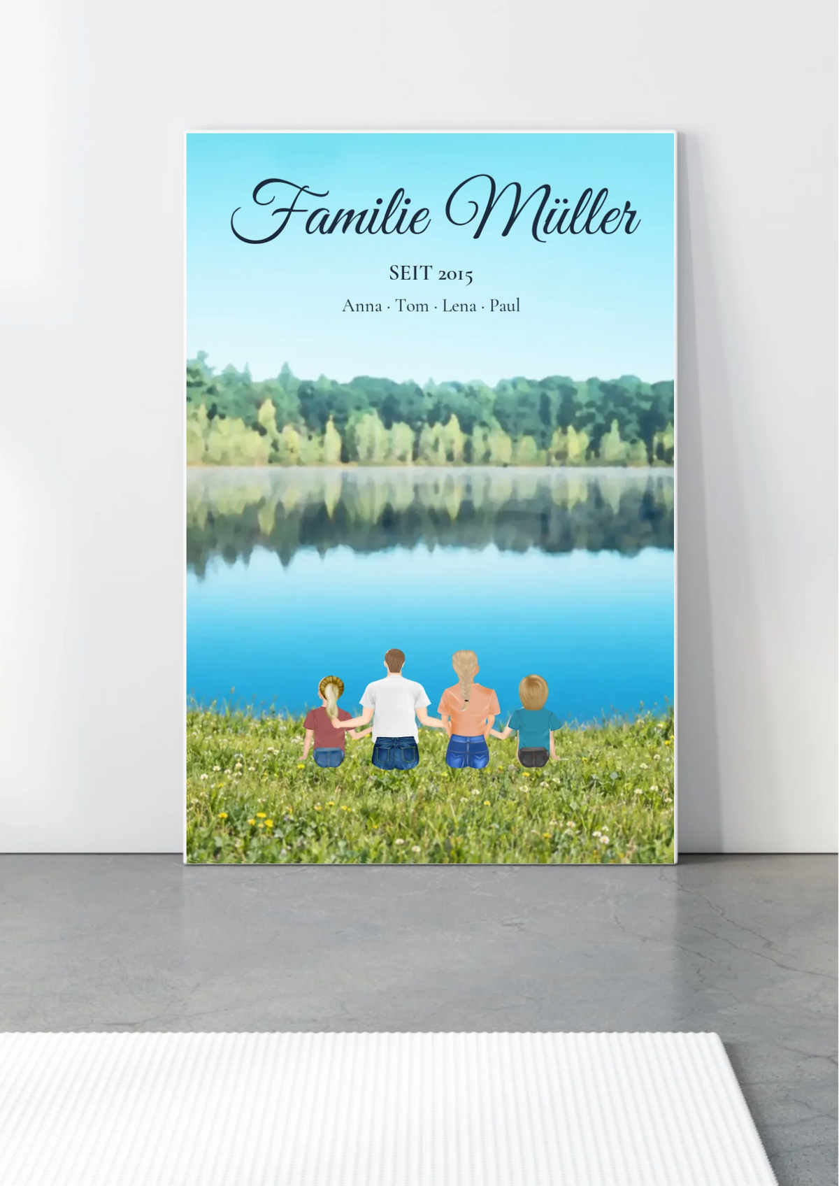 Familienbild Leinwand personalisiert – Familie von hinten vor See-Landschaft