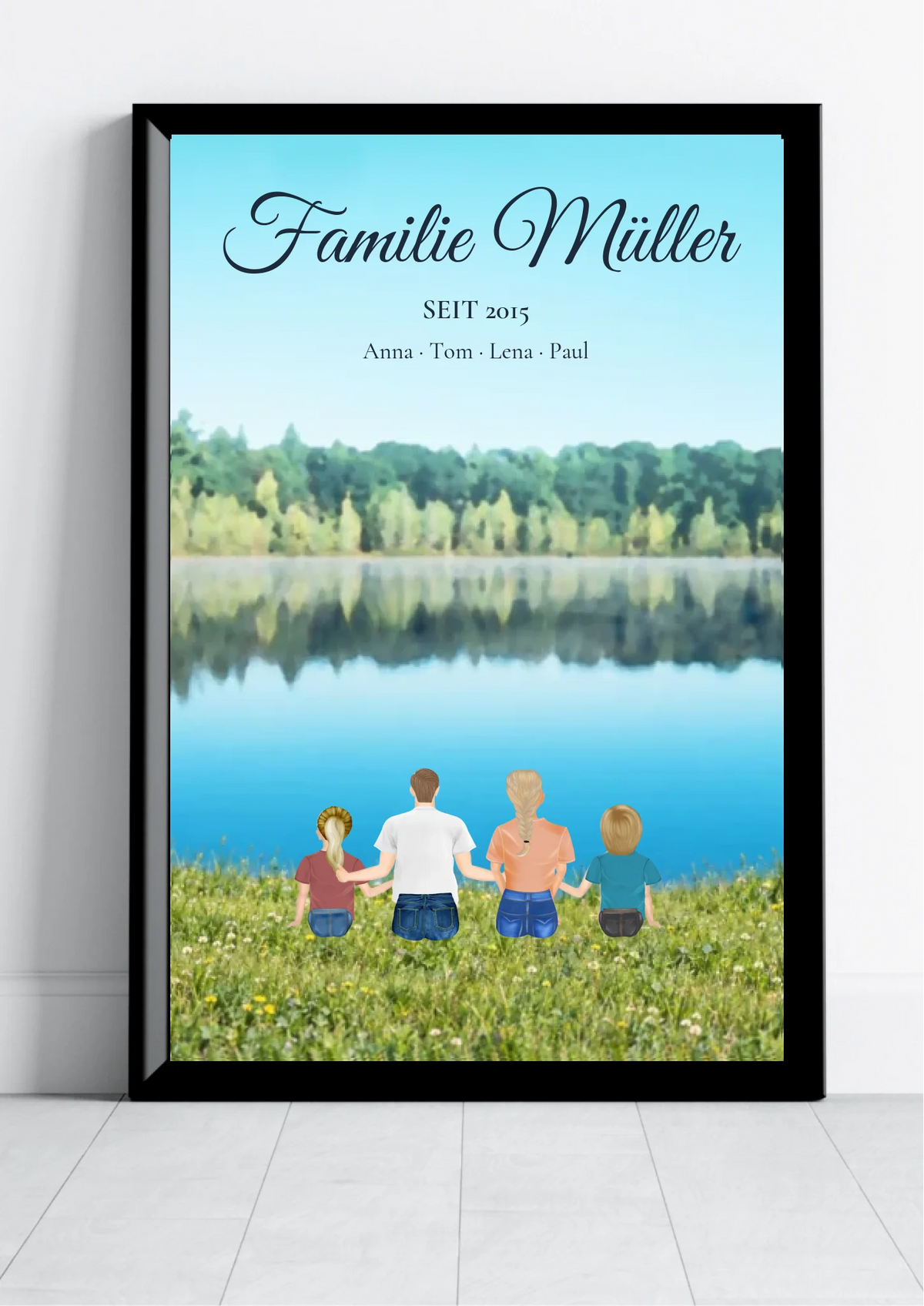 Familie am See Poster personalisiert – Familie von hinten mit Familienname