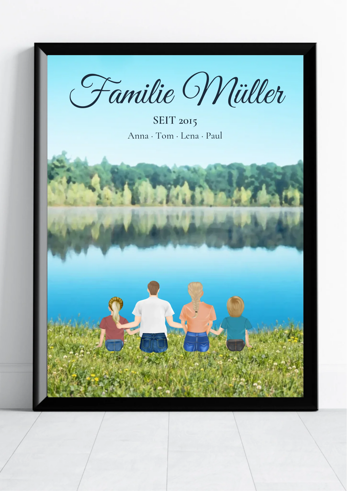 Personalisiertes Familienposter Familie von hinten am See als Wandbild