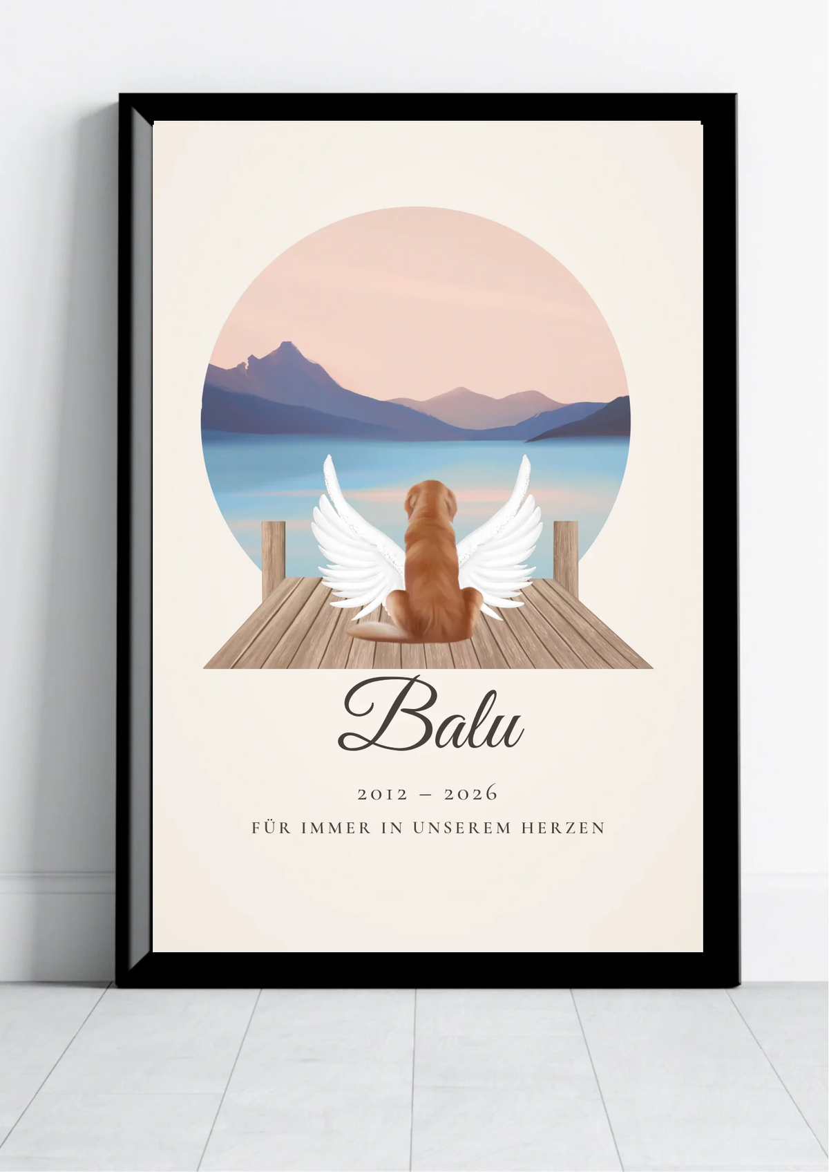 Hund Gedenkbild Poster personalisiert mit Rasse, Name und Jahreszahlen